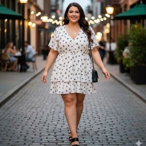 Arula Bow Print Tiered Mini Dress White Black Flutter Sleeve Curvy Coquette